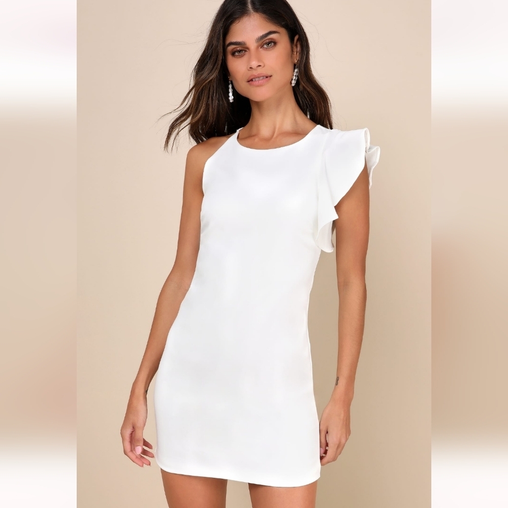 Lulu's Dinah White One Shoulder Ruffle Mini dress, size M